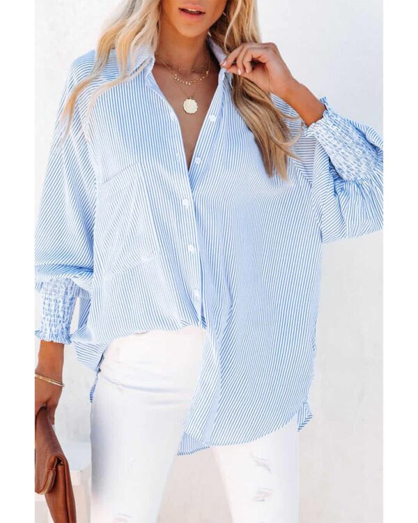 HomeDiscount-Azura Exchange Striped Boyfriend Shirt with Smocked Cuffs and Pocket - L