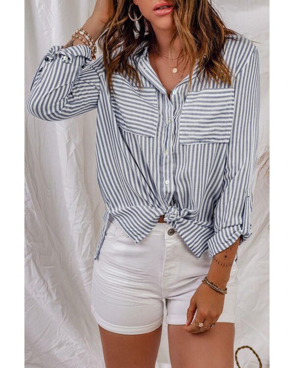 HomeDiscount-Azura Exchange Striped Long Sleeve Shirt with Pocketed Buttons - 2XL