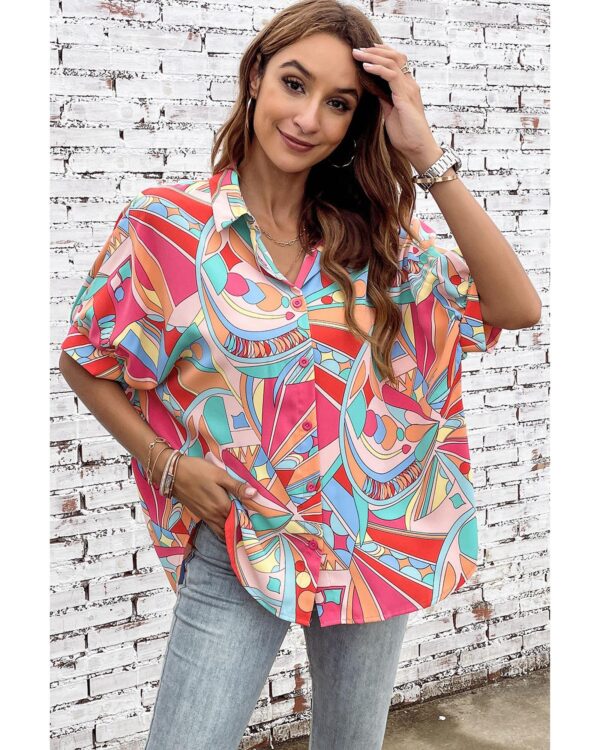 HomeDiscount-Azura Exchange Abstract Geometry Print Half Puff Sleeve Shirt - L