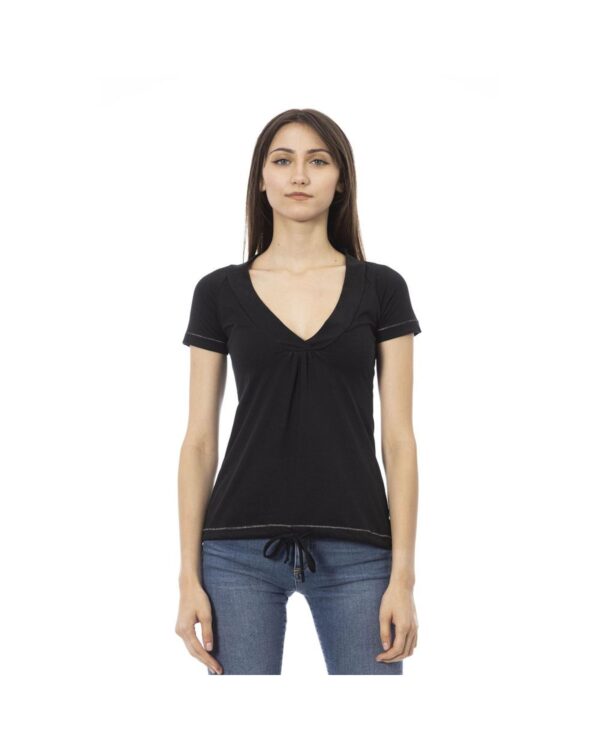 HomeDiscount-Trussardi Action Women's Chic Black Cotton Tee with Unique Front Print - L