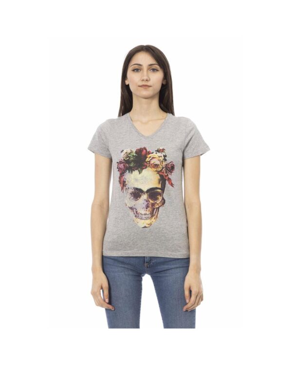 HomeDiscount-Trussardi Action Women's Elegant Gray V-Neck Tee with Front Print - S