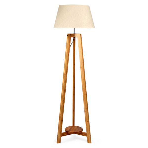 HomeDiscount-155cm Large Bamboo Wooden Tripod Floor Lamp w Beige Linen Light Shade