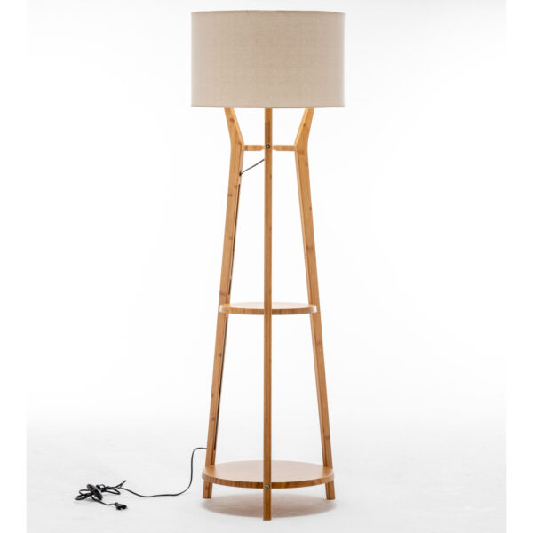 HomeDiscount-168cm Large Bamboo Wooden Tripod Floor Lamp Light Modern Linen Shade w Shelves