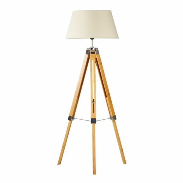 HomeDiscount-LARGE TRIPOD FLOOR LAMP Linen Shade Modern Light Bamboo Vintage Wooden Retro