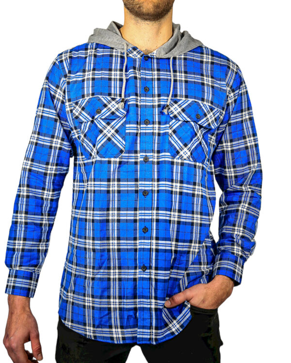 HomeDiscount-Mens Cotton Flannelette Shirt w Jersey Hood Long Sleeve Flannel - Spanish Blue -