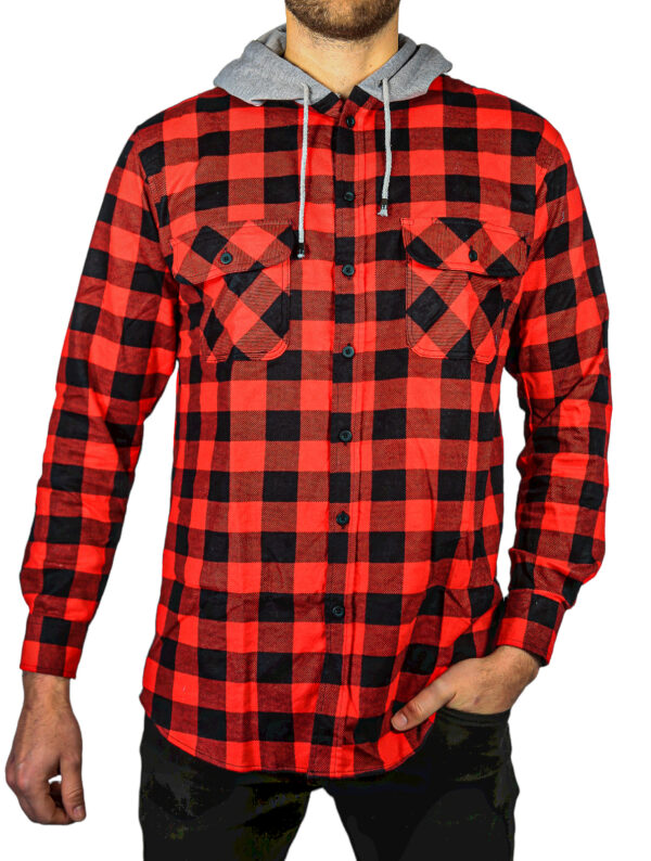 HomeDiscount-Mens Cotton Flannelette Shirt w Jersey Hood Long Sleeve Flannel - Red/Black - 3X