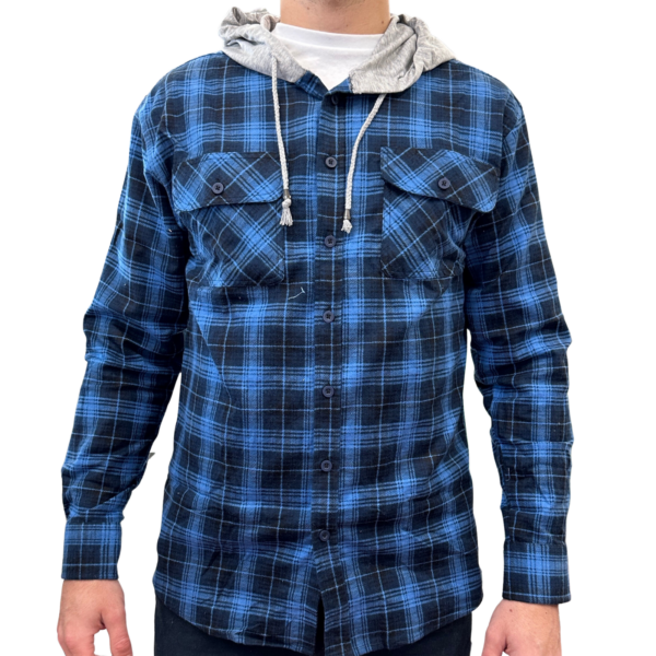 HomeDiscount-Mens Cotton Flannelette Shirt w Jersey Hood Long Sleeve Flannel - Blue - XL