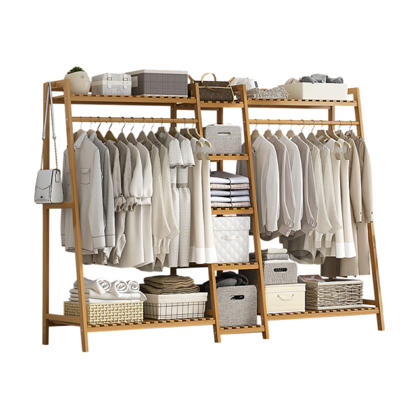 HomeDiscount-Portable Clothes Rack Coat Garment Stand Bamboo Rail Hanger Airer Closet