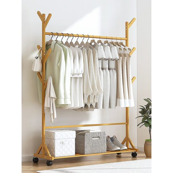 HomeDiscount-Portable Clothes Rack Coat Garment Stand Bamboo Rail Hanger Airer Closet