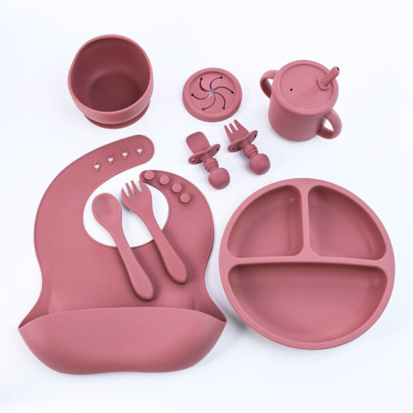 HomeDiscount-Rose Red 8-Piece Silicone Children's Tableware Set - BPA-Free Baby Feeding Utens