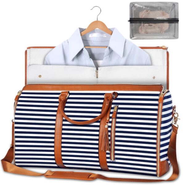 HomeDiscount-Blue Stripe Convertible Garment Duffel Bag with Leather  - Travel Weekender Bag