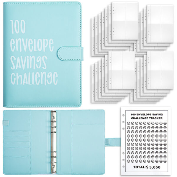 HomeDiscount-Blue 100-Day Savings Challenge Cash Binder with Tracker and Refillable Notebook