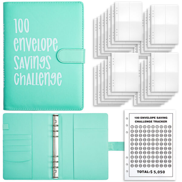 HomeDiscount-Light Blue 100-Day Savings Challenge Cash Binder with Tracker and Refillable Not