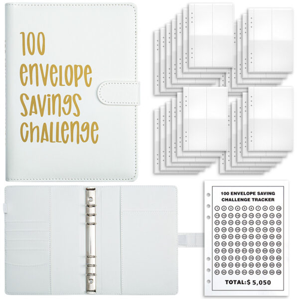 HomeDiscount-White 100-Day Savings Challenge Cash Binder with Tracker and Refillable Notebook