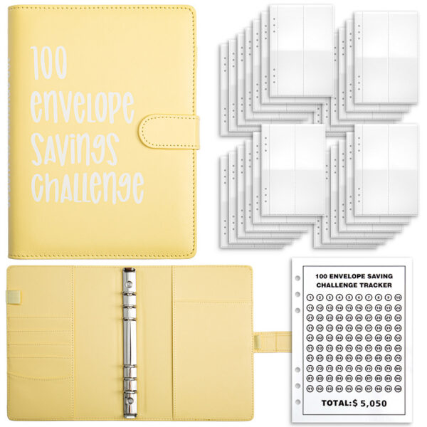 HomeDiscount-Yellow 100-Day Savings Challenge Cash Binder with Tracker and Refillable Noteboo