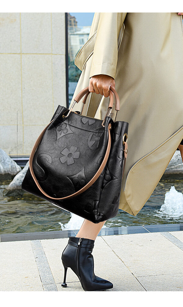 HomeDiscount-Black Elegant Embossed PU Leather Tote Bag for Women - Large Capacity Handbag wi