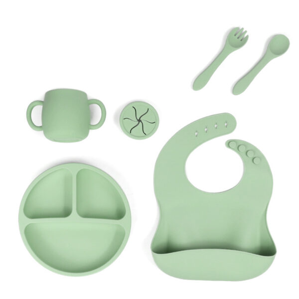 HomeDiscount-Green 095# Silicone Baby Feeding Set - Suction Plate  Bib  Cup & Utensils