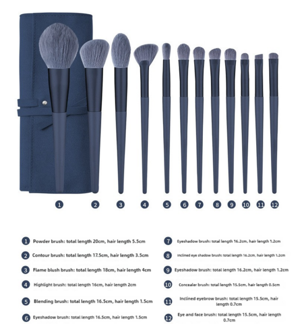 HomeDiscount-Dark Blue 12-Piece Professional Makeup Brush Set with Cosmetic Bag - Premium Syn