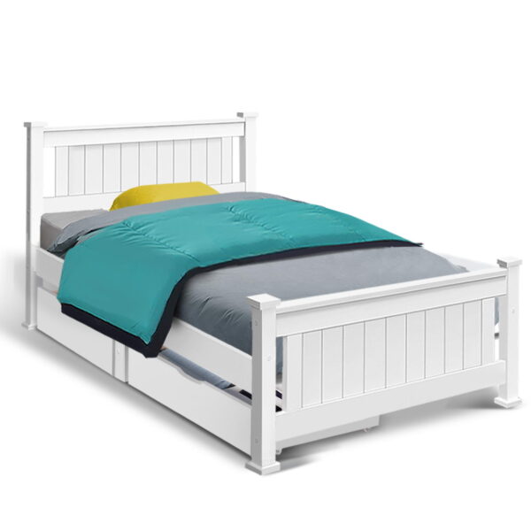 HomeDiscount-Bed Frame Single Size Wooden with 2 Drawers White RIO