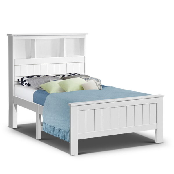 HomeDiscount-Bed Frame King Single Size Wooden with 3 Shelves Bed Head White